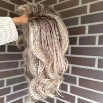 100 Human Hair Highlight Wigs Dark Roots Colored Ash Blonde Wave Human Hair Wigs 13x4 Lace Front Wigs for Women Pre Plucked Hair