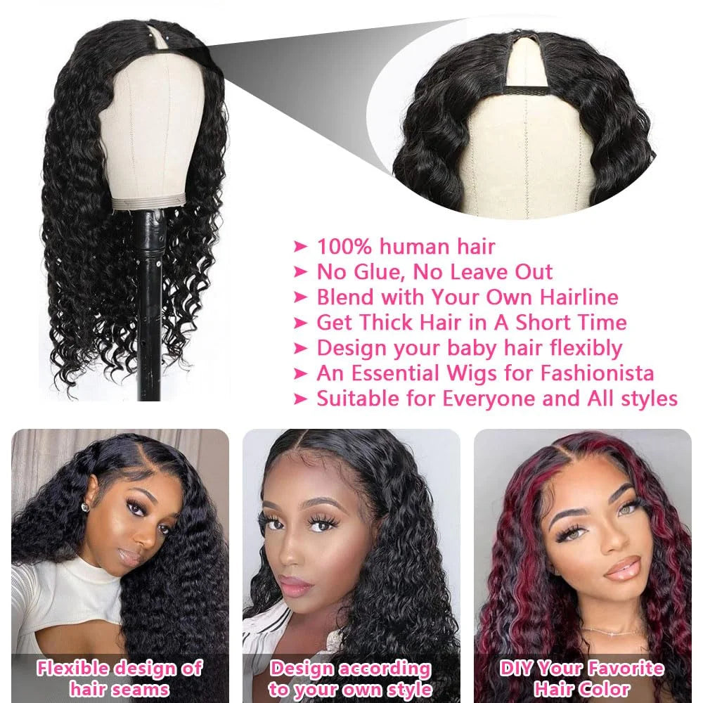 Deep Curly V Part Wig Human Hair No Leave Out Brazilian Deep Wave Human Hair Wigs for Women U Part No Glue Virgin Wigs On Sale