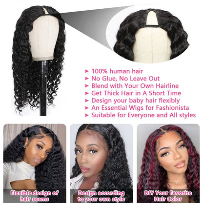 Deep Curly V Part Wig Human Hair No Leave Out Brazilian Deep Wave Human Hair Wigs for Women U Part No Glue Virgin Wigs On Sale