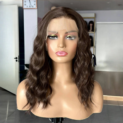 13X4 Chocolate Brown Short Curly Wavy Hair Synthetic Lace Front Wig Shoulder Length Deep Wave Brunette Brown Bob Wigs for Women