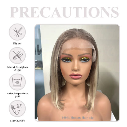Human Hair Wigs HD 13x4 Lace Frontal Wig Short Straight Bob Hair Light Brown Blonde Mixed Piano Wig for Afro Women Use Brazilian