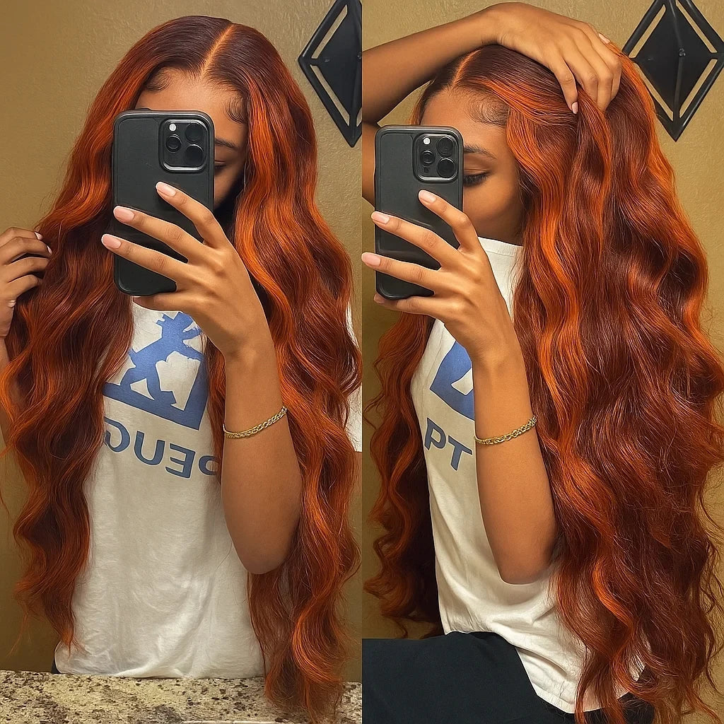 100% Human Hair 4/350 Highlight Ombre Body Wave 13x6 Lace Front Wig Ginger Orange Brown Colored Water Wave 13x4 Lace Frontal Wig