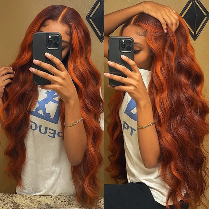 100% Human Hair 4/350 Highlight Ombre Body Wave 13x6 Lace Front Wig Ginger Orange Brown Colored Water Wave 13x4 Lace Frontal Wig