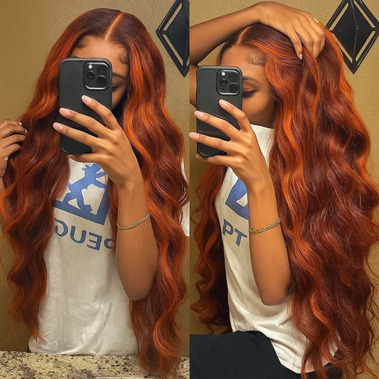 100% Human Hair 4/350 Highlight Ombre Body Wave 13x6 Lace Front Wig Ginger Orange Brown Colored Water Wave 13x4 Lace Frontal Wig