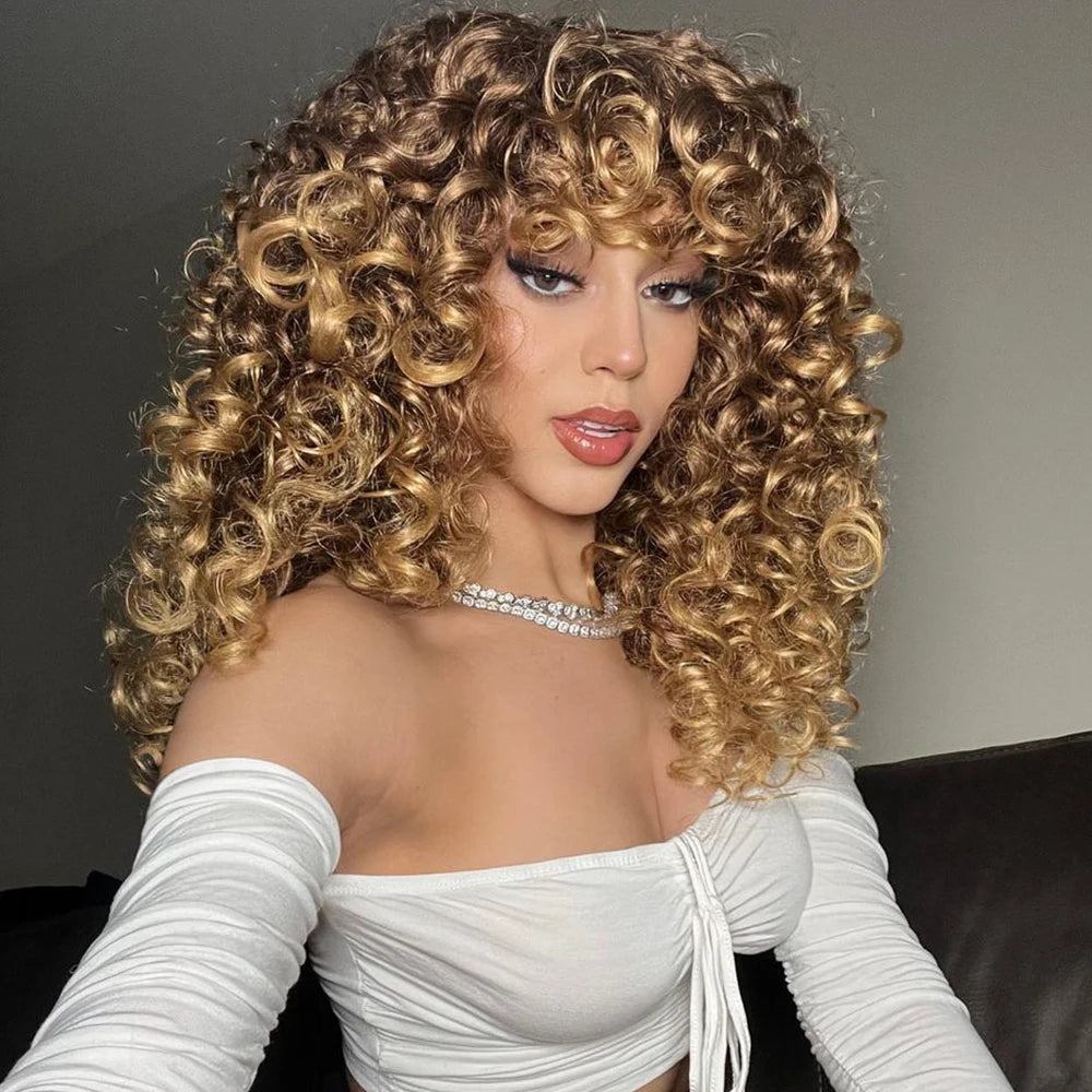 Curly Wig for Women Ombre Blonde Long Curly Wave Wigs with Bangs Synthetic Wig Natural Cosplay Party Heat Resistant Hair