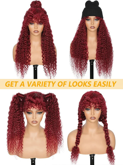 99J Burgundy Curly Wig with Bangs Human Hair  Water Wave Mechanism Color Wigs Red wig with Bangs Colored Brazilian Human Hair