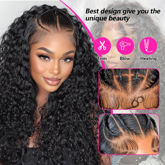 Deep Wave Pre Braided Wigs 13x4 HD Lace Frontal Black Human Hair Curly Wigs 30 Inch Boho Braids Human Hair Water Wave Wigs