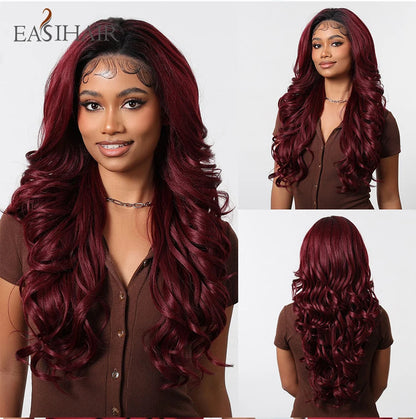 Long Curly 13*6 Lace Front Wigs Dark Brown Highlight Synthetic Wig with Baby Hair Heat Resistant Daily Lace Wig for Afro Women