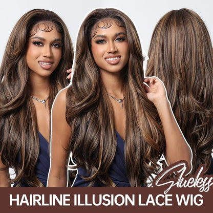 Long Curly 13*6 Lace Front Wigs Dark Brown Highlight Synthetic Wig with Baby Hair Heat Resistant Daily Lace Wig for Afro Women