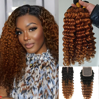 100% Virgin Human Hair Deep Wave 2/3 Bundles With Lace Closure Ombre Highlight Malaysian Hair Deep Curly With 4X4 Lace Closure