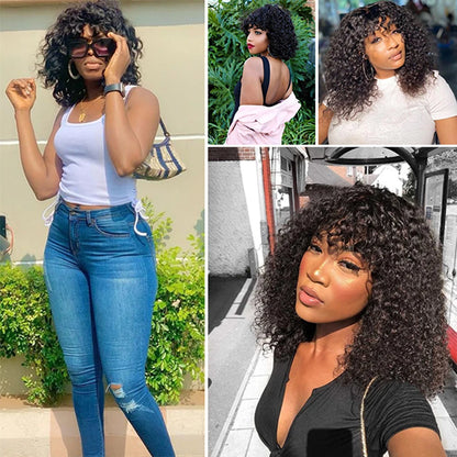 Short Curly Human Hair Wigs for Black Women Natural Color Kinky Curly Wigs with Bangs Brazilian Remy Hair Short Bob Wigs