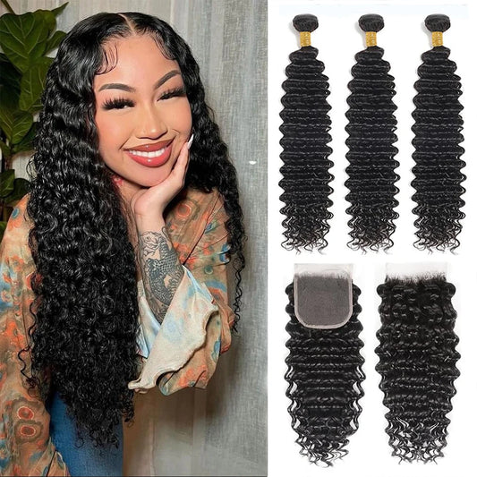 100% Virgin Human Hair Deep Wave 2/3 Bundles With Lace Closure Ombre Highlight Malaysian Hair Deep Curly With 4X4 Lace Closure