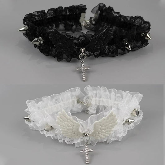 Fashion Solid Color Women Girls Necklace Wide Lace Rivets Lolita Lace Choker Y2K Angel Wings Cool Leather Necklace Daily Wear