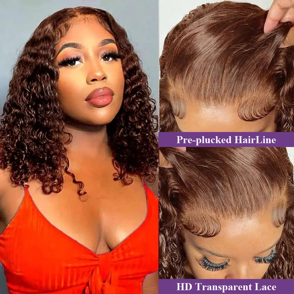 Dark Brown Short Bob Wigs Curly 13x4 Lace Frontal Human Hair Wigs 220% Density HD Transparent Lace Front Wig Colored #4 Lace Wig
