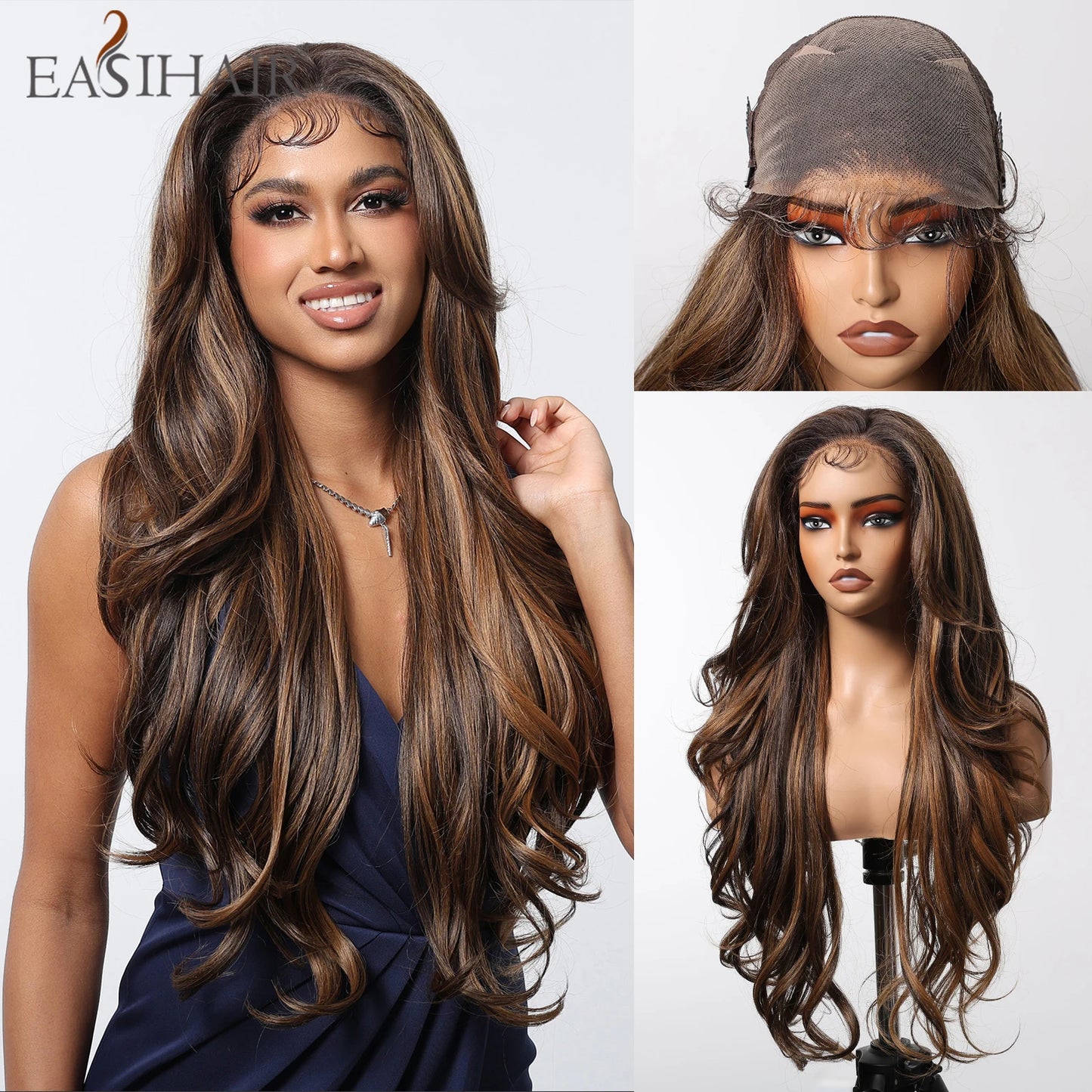 Long Curly 13*6 Lace Front Wigs Dark Brown Highlight Synthetic Wig with Baby Hair Heat Resistant Daily Lace Wig for Afro Women