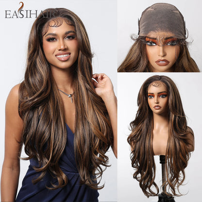 Long Curly 13*6 Lace Front Wigs Dark Brown Highlight Synthetic Wig with Baby Hair Heat Resistant Daily Lace Wig for Afro Women
