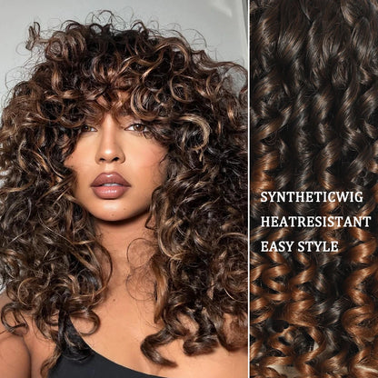 Curly Wig for Women Ombre Blonde Long Curly Wave Wigs with Bangs Synthetic Wig Natural Cosplay Party Heat Resistant Hair