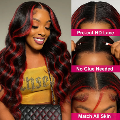 Highlight 5x5 Glueless Wigs Human Hair Pre Plucked Pre Cut Black Hair With Red highlight Body Wave Wigs Human Hair 200% Density