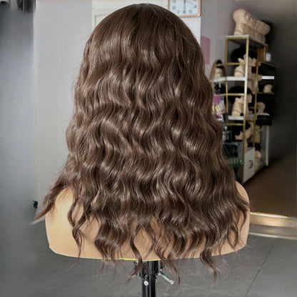 13X4 Chocolate Brown Short Curly Wavy Hair Synthetic Lace Front Wig Shoulder Length Deep Wave Brunette Brown Bob Wigs for Women