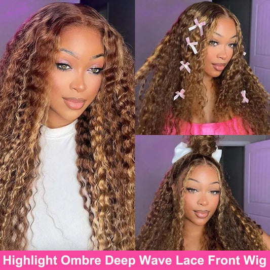 4/27 Highlight Kinky Curly Human Hair Wig Wear And Go Glueless 13x4 Lace Front Wig 200% HD Deep Wave Lace Frontal Wig PrePlucked