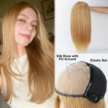 #27 Honey Blonde Human Hair Wig for Women 6x6inch Silk Top Wig with PU Around Real Virgin Hair Elastic Net Soft Medical Wig