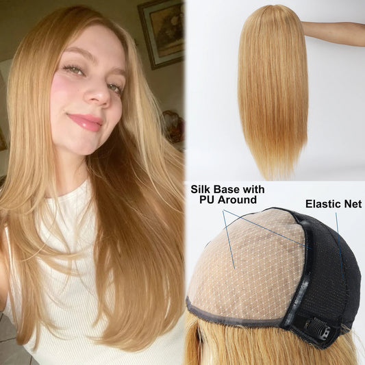 #27 Honey Blonde Human Hair Wig for Women 6x6inch Silk Top Wig with PU Around Real Virgin Hair Elastic Net Soft Medical Wig