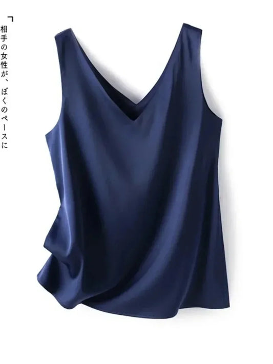 Woman T-shirts Elegant SILK Satin Blouse Sleeveless Female Summer Casual Loose Tanks and Camis Solid Green Tops for Women